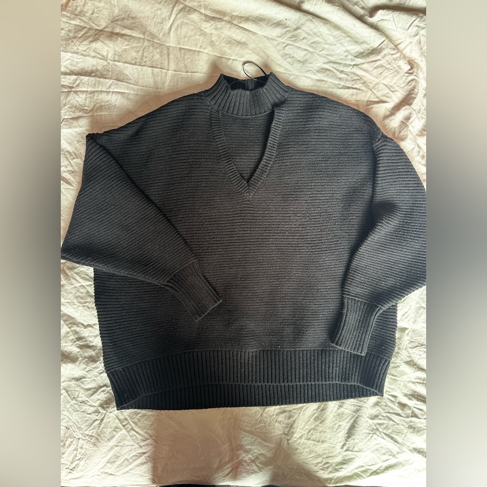 Zara Black Oversized Ribbed Knit V-Neck Sweater High Neck Layered Pullover S